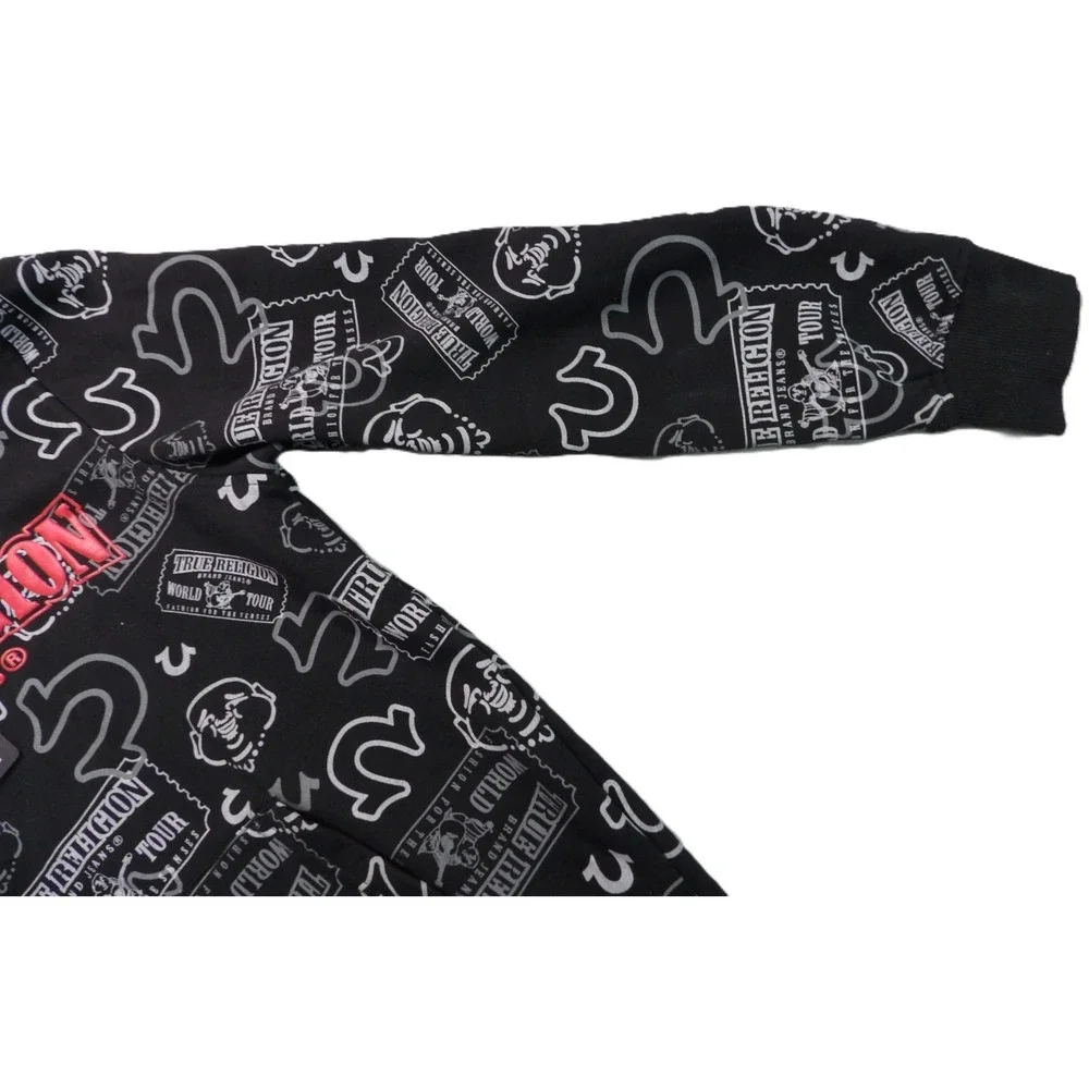 NWT True Religion Ticket Hoodie Men S Black AOP Pullover Graphic Streetwear Logo